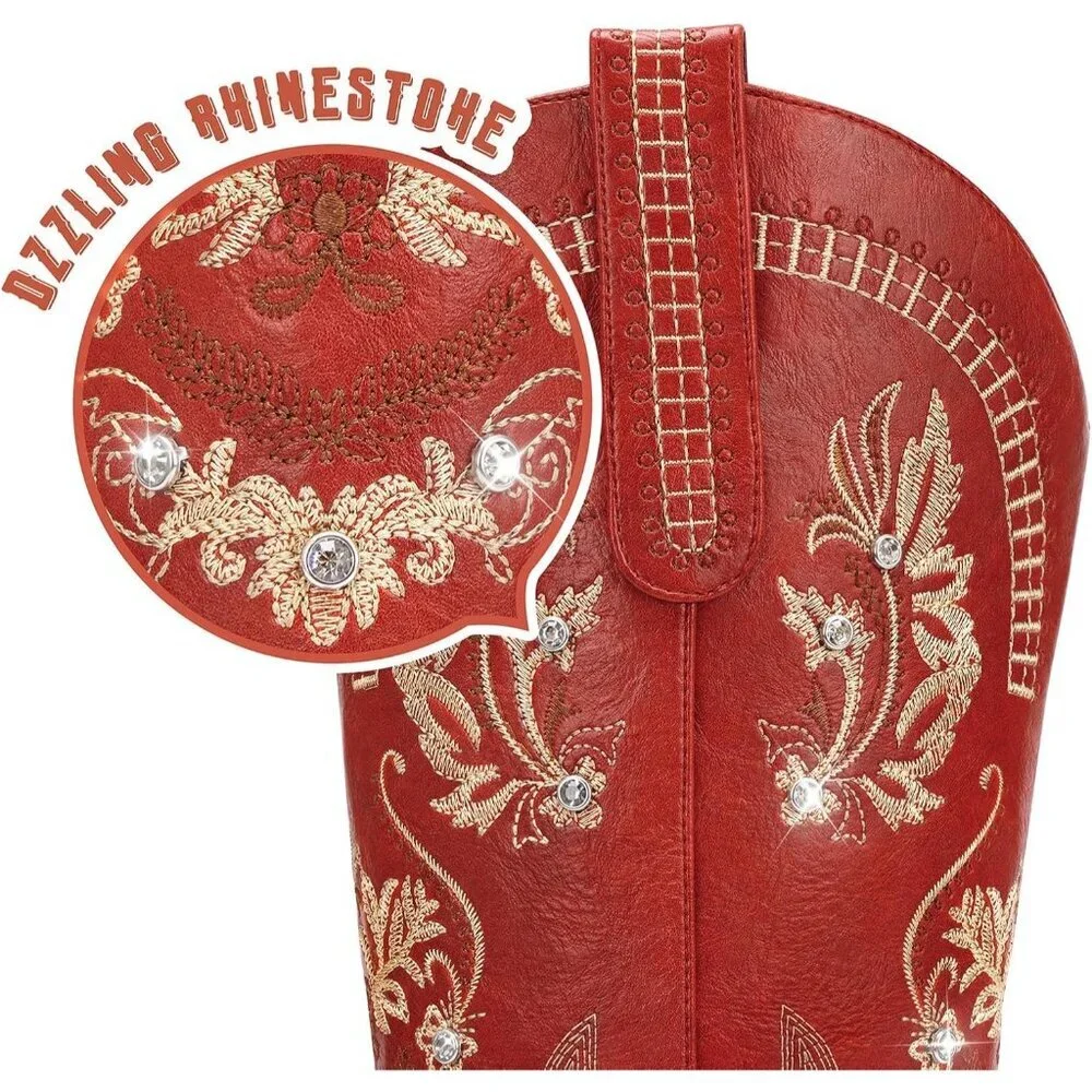 🆕Women Red Faux Leather Knee High Sparkly Rhinestone Embroidered  Boots